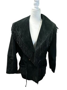 VTG G4000 Black Suede Leather Fringe Jacket Women’s L Western Cowgirl Boho Rodeo
